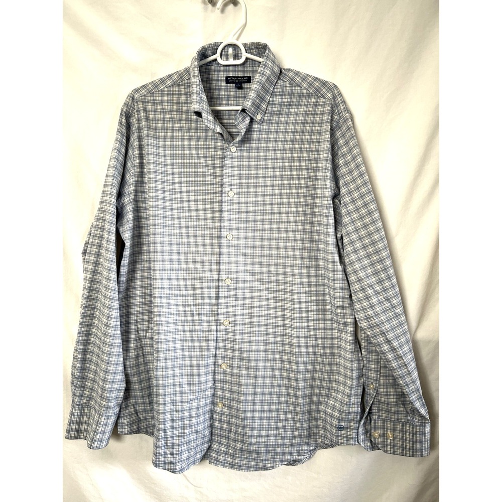 Peter Millar Crown Crafted Men's Lg Checkered Blue White Dress Button Down Shirt